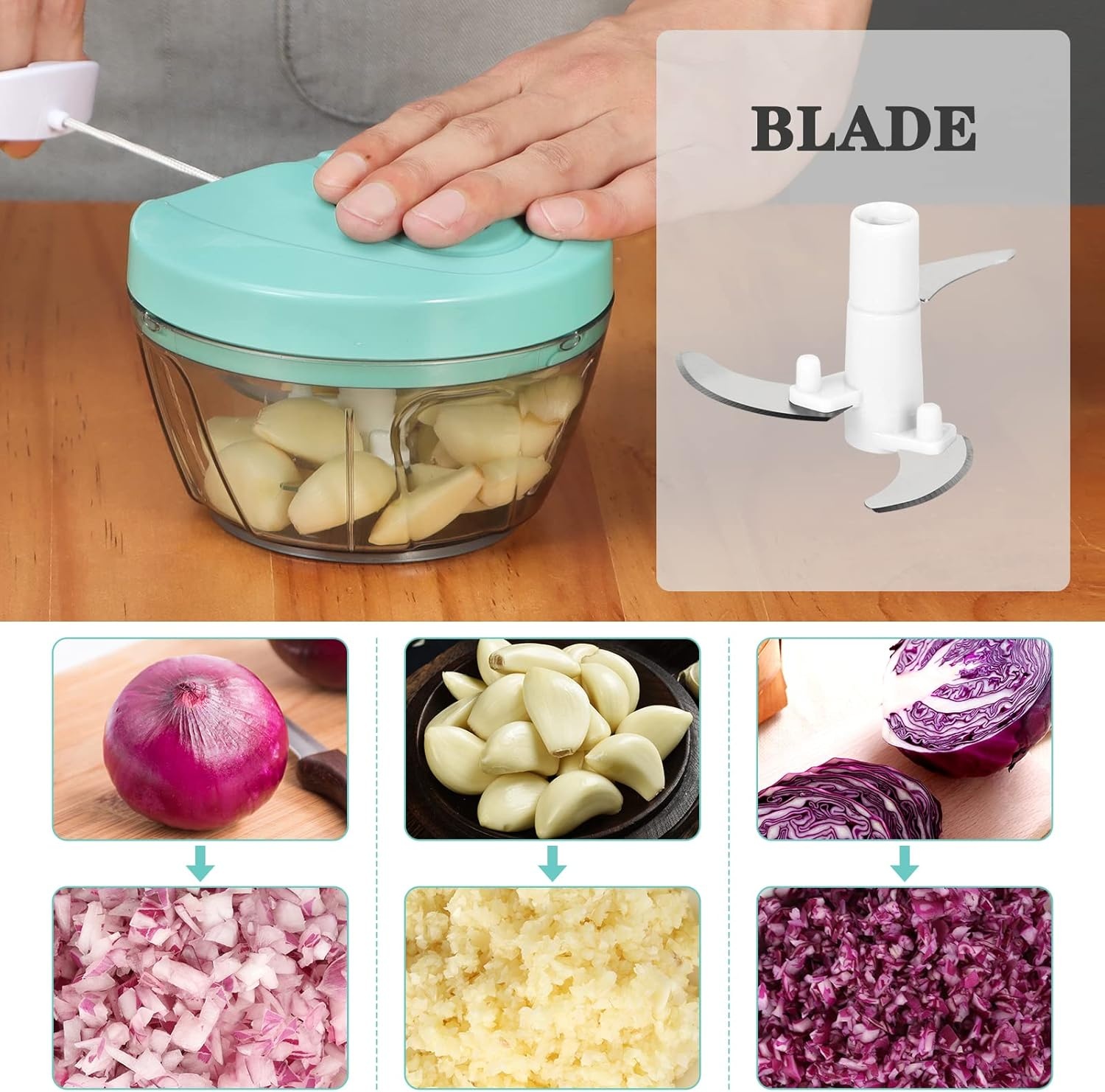 image:imageCambom Manual Food Chopper Vegetable Cutter Hand String Vegetable Chopper Onions Cutter for Vegetable Fruits Nuts BPA Free Food Safe Material 500ml BlackClear