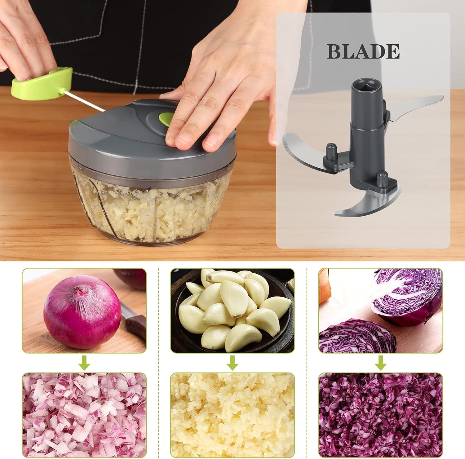 image:imageCambom Manual Food Chopper Vegetable Cutter Hand String Vegetable Chopper Onions Cutter for Vegetable Fruits Nuts BPA Free Food Safe Material 500ml BlackGray