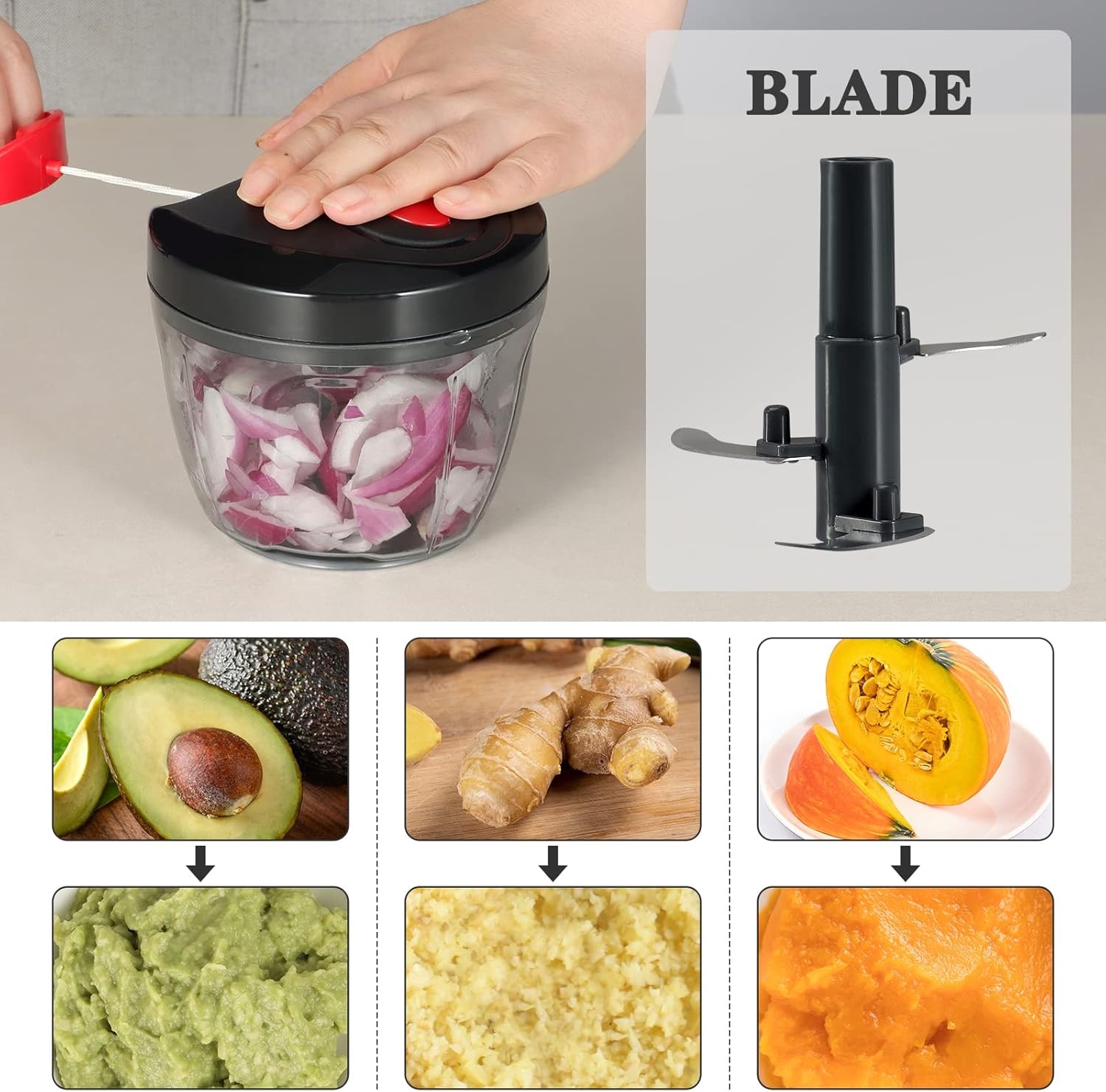 image:imageCambom Manual Food Chopper Vegetable Cutter Hand String Vegetable Chopper Onions Cutter for Vegetable Fruits Nuts BPA Free Food Safe Material 500ml BlackBlack