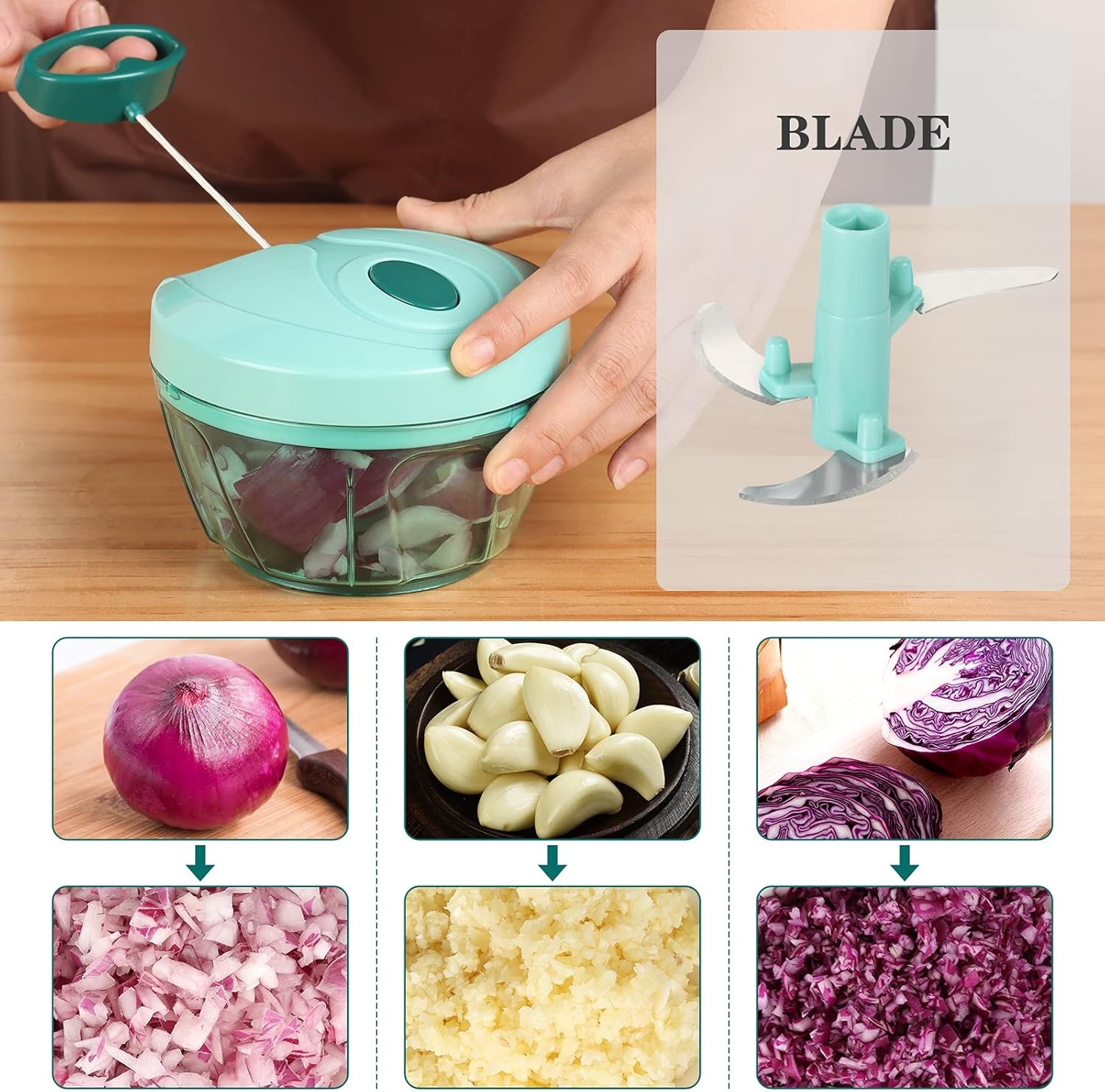 image:imageCambom Manual Food Chopper Vegetable Cutter Hand String Vegetable Chopper Onions Cutter for Vegetable Fruits Nuts BPA Free Food Safe Material 500ml BlackBlue