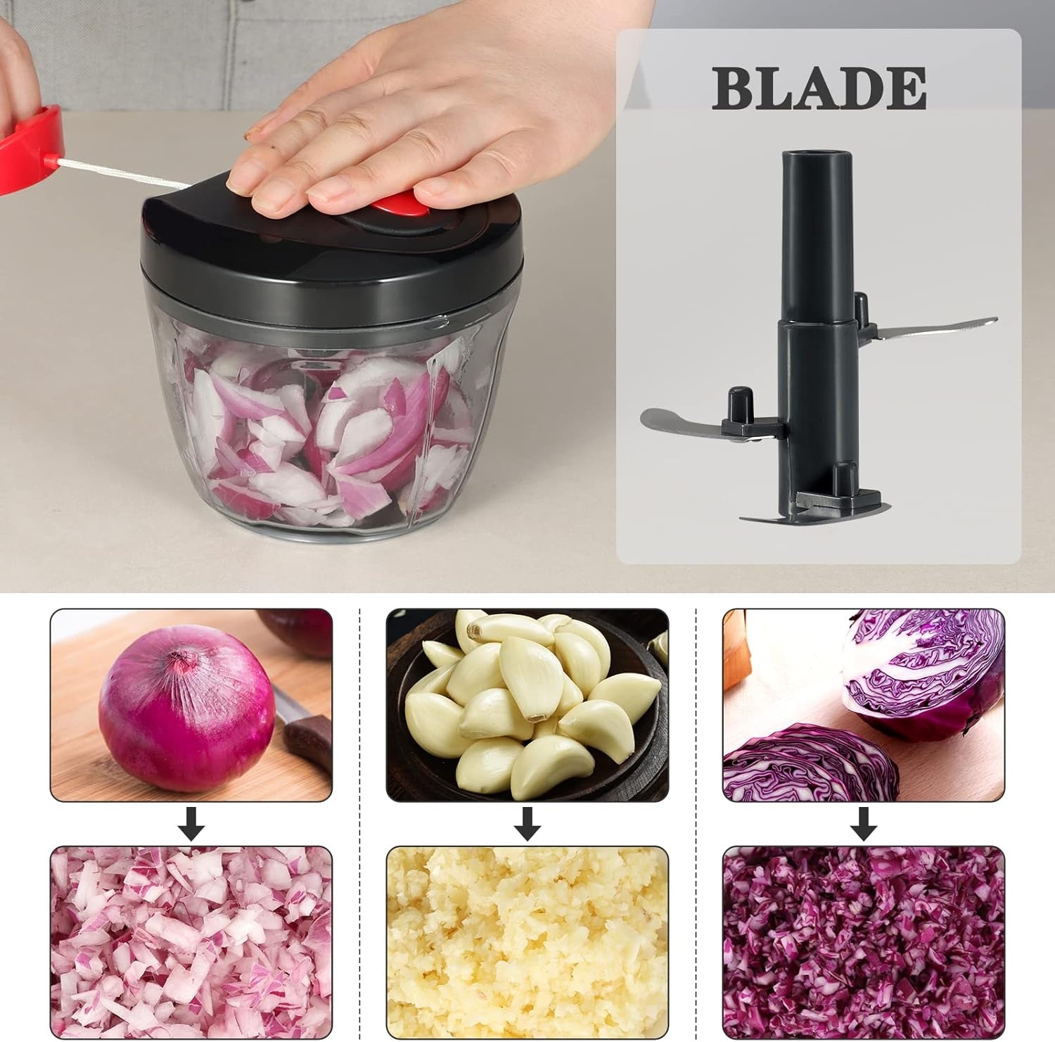image:imageCambom Manual Food Chopper Vegetable Cutter Hand String Vegetable Chopper Onions Cutter for Vegetable Fruits Nuts BPA Free Food Safe Material 500ml BlackBlack
