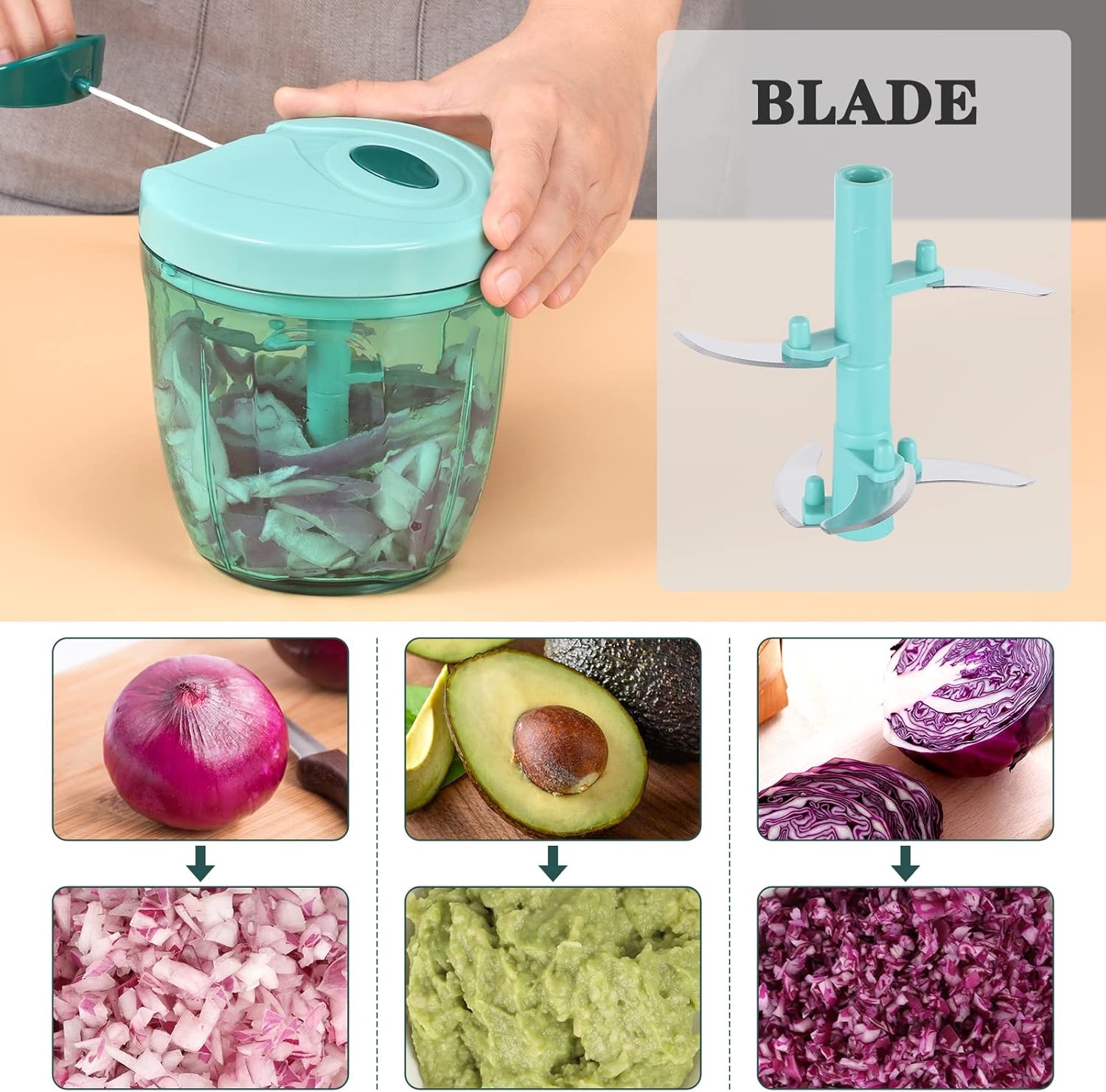 image:imageCambom Manual Food Chopper Vegetable Cutter Hand String Vegetable Chopper Onions Cutter for Vegetable Fruits Nuts BPA Free Food Safe Material 500ml BlackBlue