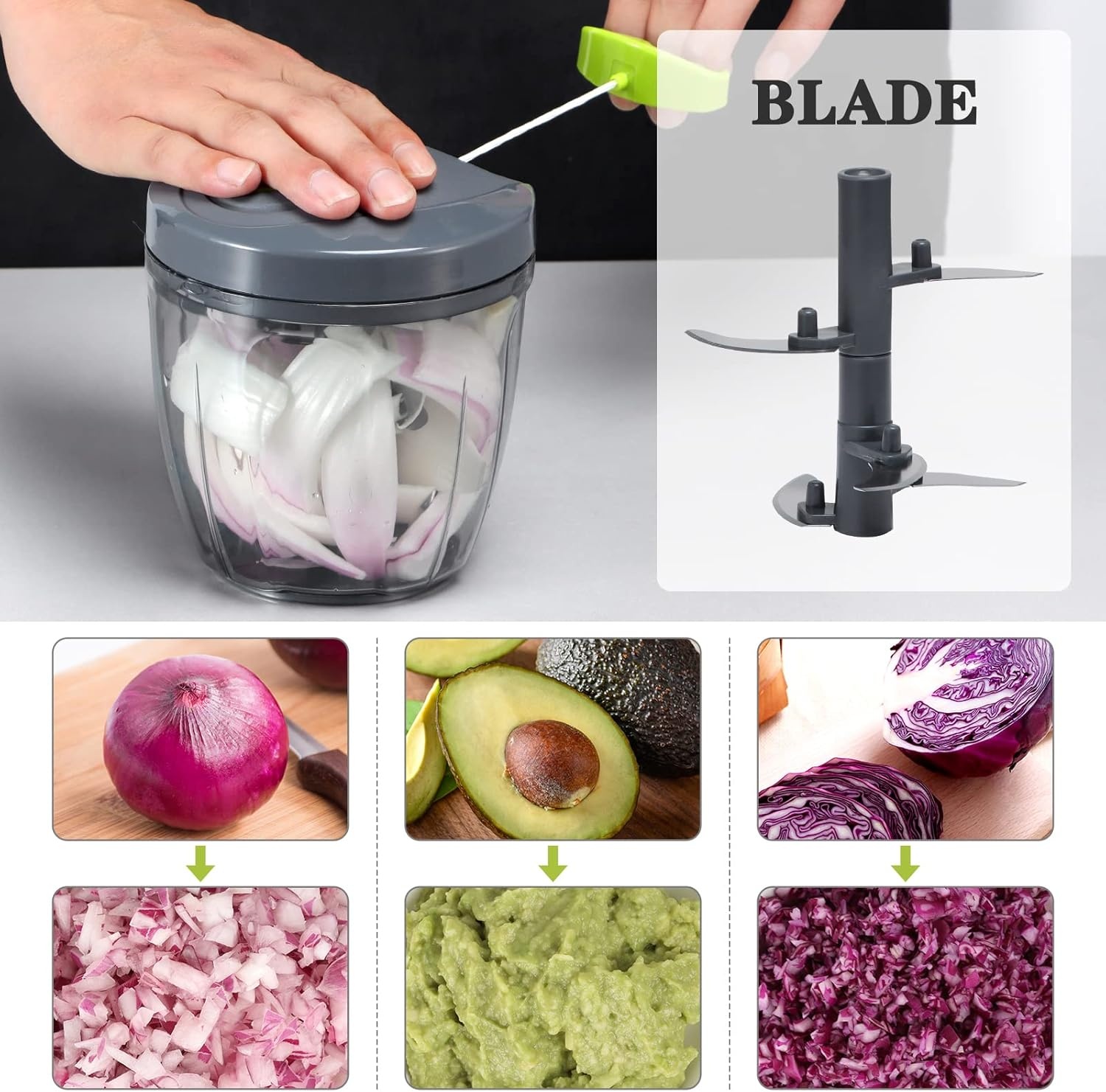 image:imageCambom Manual Food Chopper Vegetable Cutter Hand String Vegetable Chopper Onions Cutter for Vegetable Fruits Nuts BPA Free Food Safe Material 500ml BlackGray