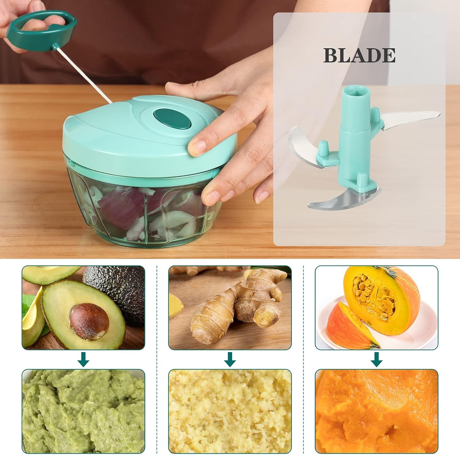 image:imageCambom Manual Food Chopper Vegetable Cutter Hand String Vegetable Chopper Onions Cutter for Vegetable Fruits Nuts BPA Free Food Safe Material 500ml BlackBlue