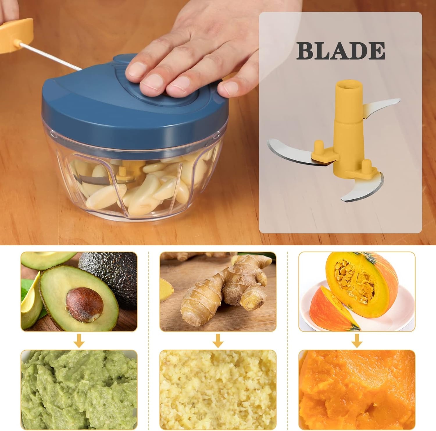 image:imageCambom Manual Food Chopper Vegetable Cutter Hand String Vegetable Chopper Onions Cutter for Vegetable Fruits Nuts BPA Free Food Safe Material 500ml BlackYellow