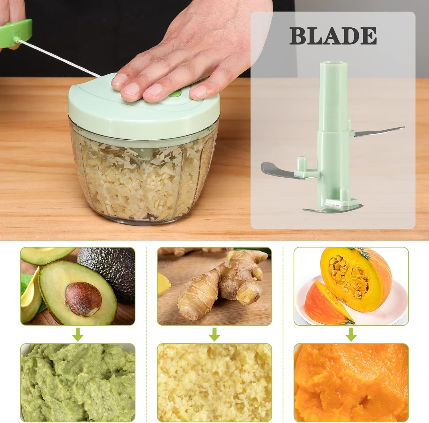 image:imageCambom Manual Food Chopper Vegetable Cutter Hand String Vegetable Chopper Onions Cutter for Vegetable Fruits Nuts BPA Free Food Safe Material 500ml BlackGreen