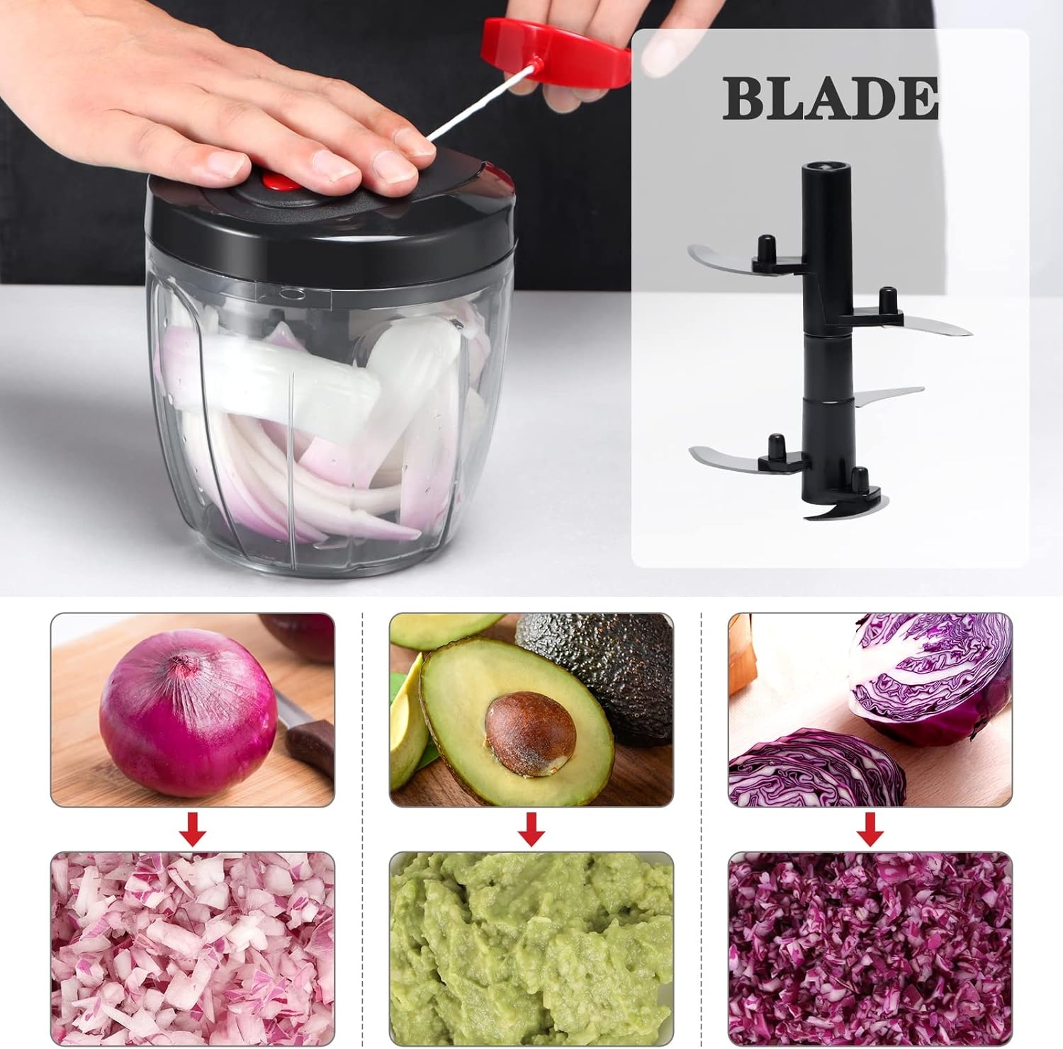 image:imageCambom Manual Food Chopper Vegetable Cutter Hand String Vegetable Chopper Onions Cutter for Vegetable Fruits Nuts BPA Free Food Safe Material 500ml BlackBlack