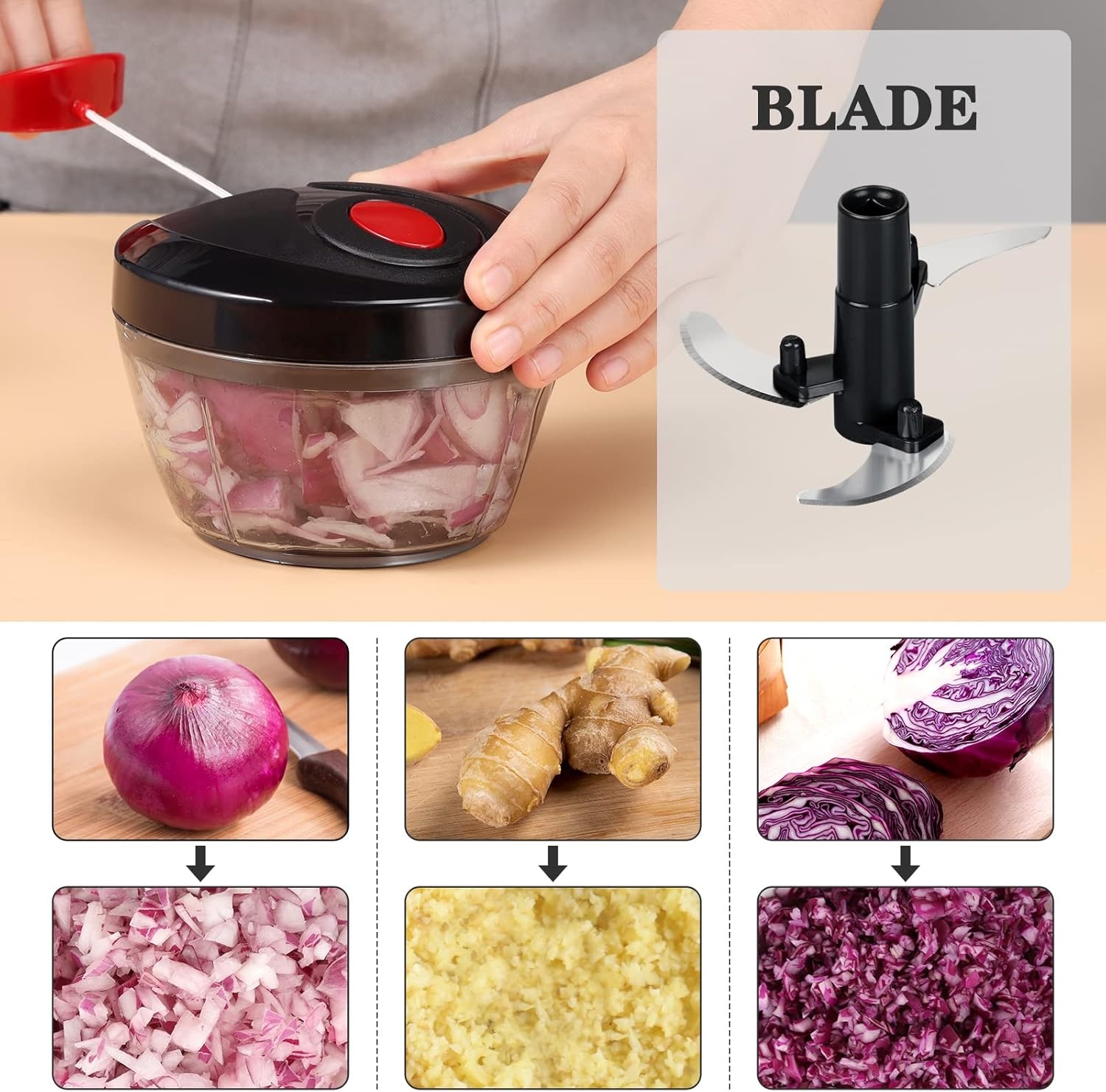 image:imageCambom Manual Food Chopper Vegetable Cutter Hand String Vegetable Chopper Onions Cutter for Vegetable Fruits Nuts BPA Free Food Safe Material 500ml BlackBlack