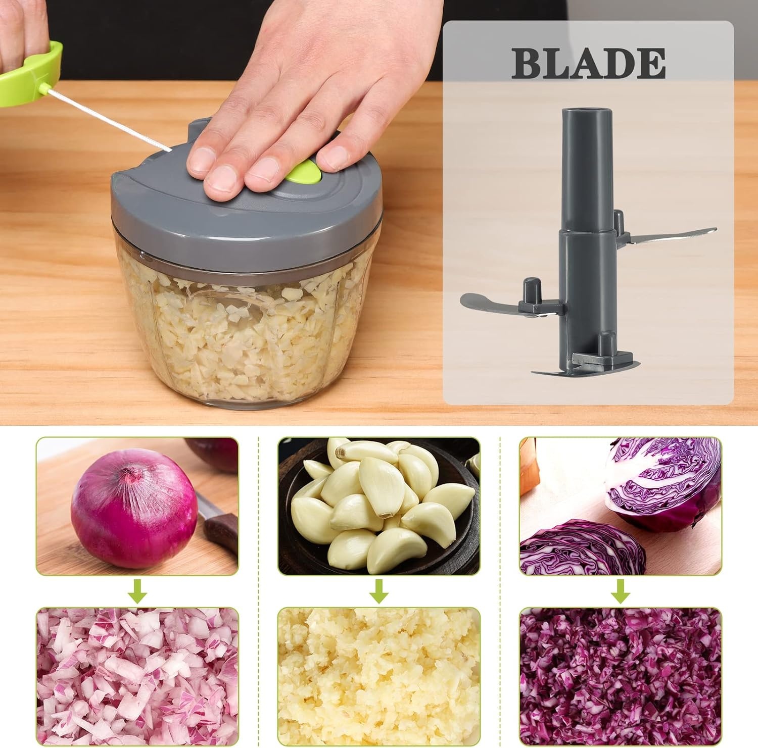image:imageCambom Manual Food Chopper Vegetable Cutter Hand String Vegetable Chopper Onions Cutter for Vegetable Fruits Nuts BPA Free Food Safe Material 500ml BlackGray