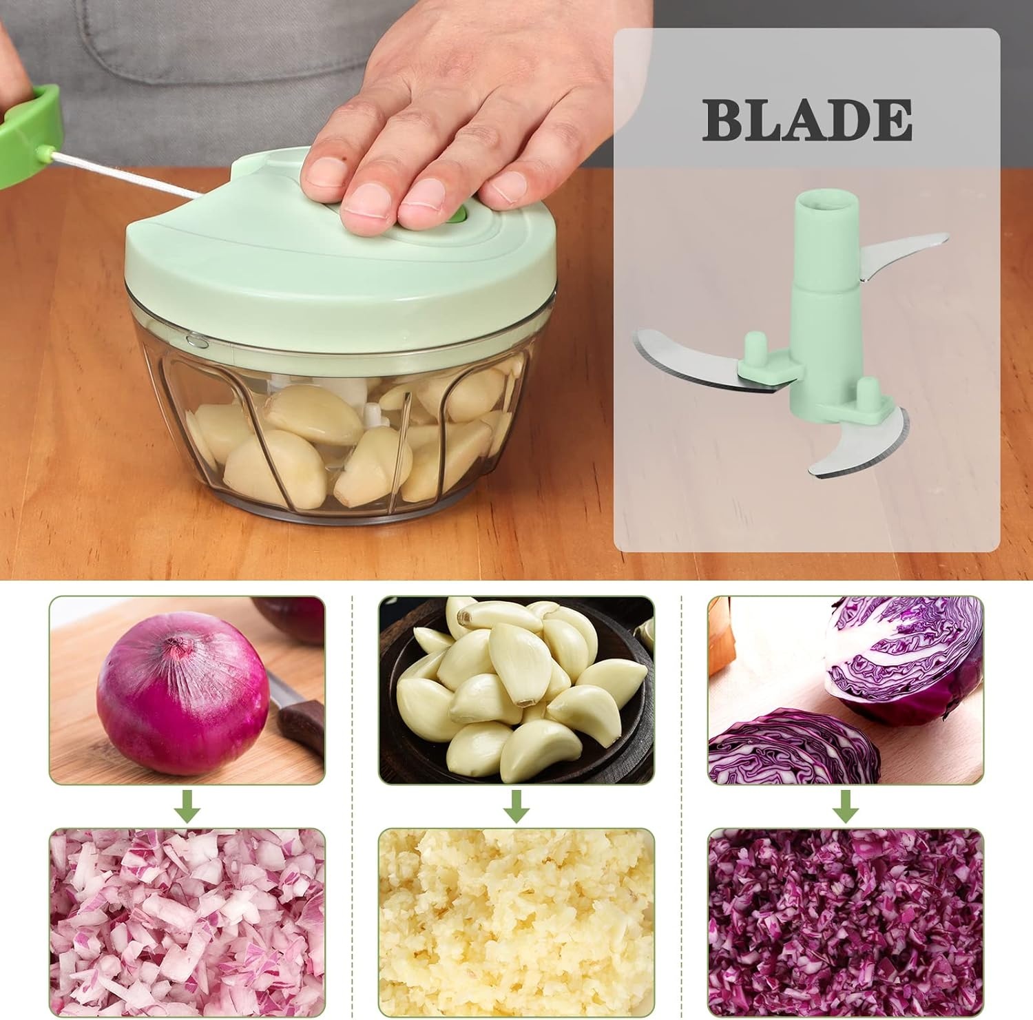 image:imageCambom Manual Food Chopper Vegetable Cutter Hand String Vegetable Chopper Onions Cutter for Vegetable Fruits Nuts BPA Free Food Safe Material 900ml GreyGreen