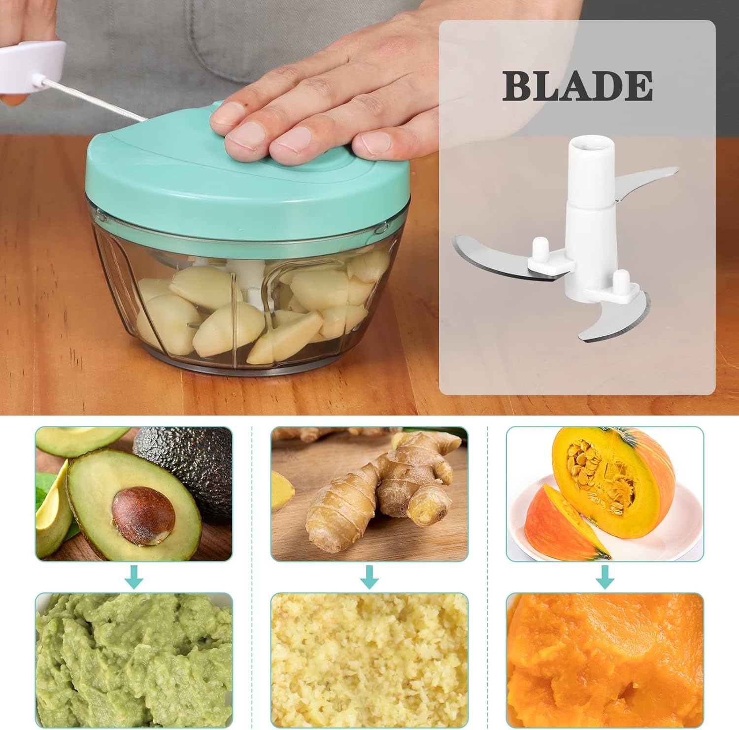 image:imageCambom Manual Food Chopper Vegetable Cutter Hand String Vegetable Chopper Onions Cutter for Vegetable Fruits Nuts BPA Free Food Safe Material 900ml GreyClear