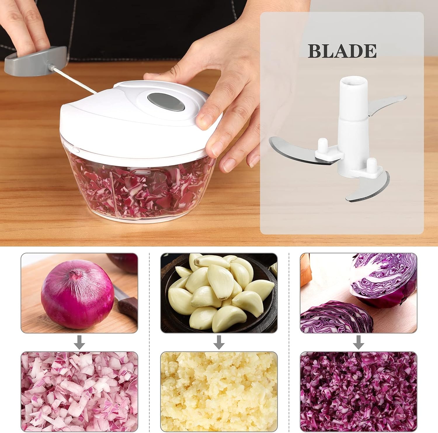 image:imageCambom Manual Food Chopper Vegetable Cutter Hand String Vegetable Chopper Onions Cutter for Vegetable Fruits Nuts BPA Free Food Safe Material 900ml GreyWhite