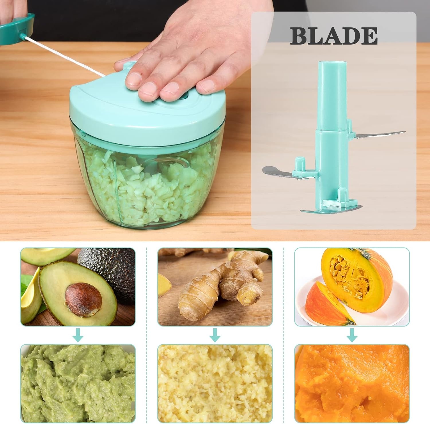 image:imageCambom Manual Food Chopper Vegetable Cutter Hand String Vegetable Chopper Onions Cutter for Vegetable Fruits Nuts BPA Free Food Safe Material 900ml GreyBlue