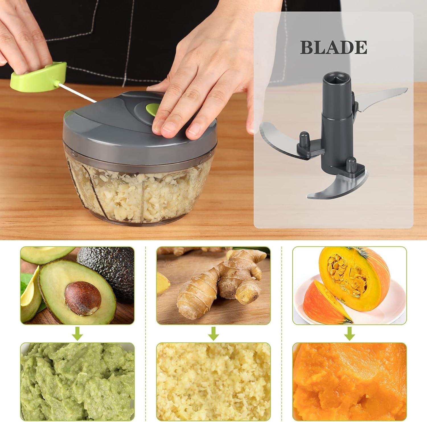 image:imageCambom Manual Food Chopper Vegetable Cutter Hand String Vegetable Chopper Onions Cutter for Vegetable Fruits Nuts BPA Free Food Safe Material 900ml GreyGray