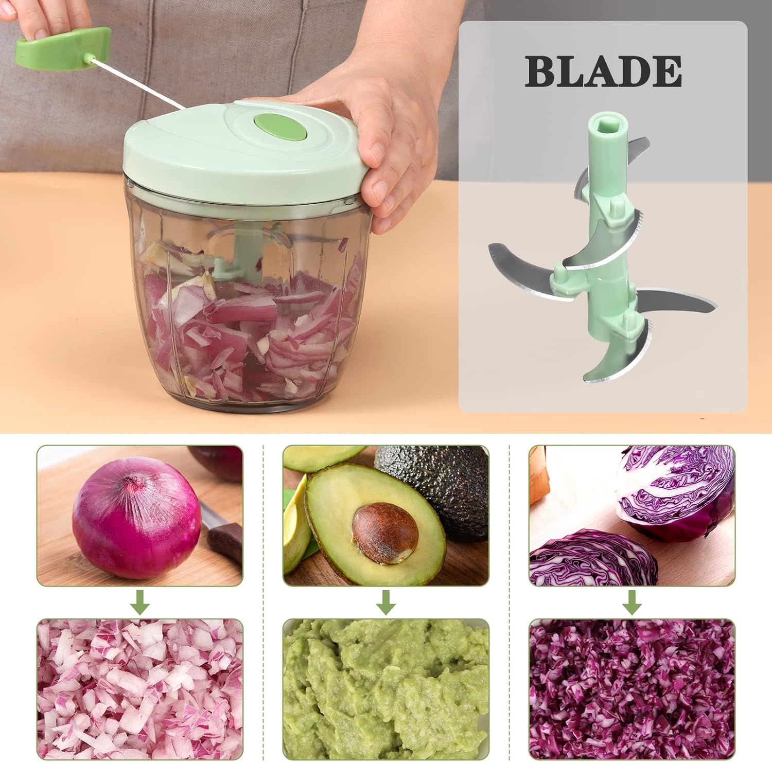 image:imageCambom Manual Food Chopper Vegetable Cutter Hand String Vegetable Chopper Onions Cutter for Vegetable Fruits Nuts BPA Free Food Safe Material 900ml GreyGreen