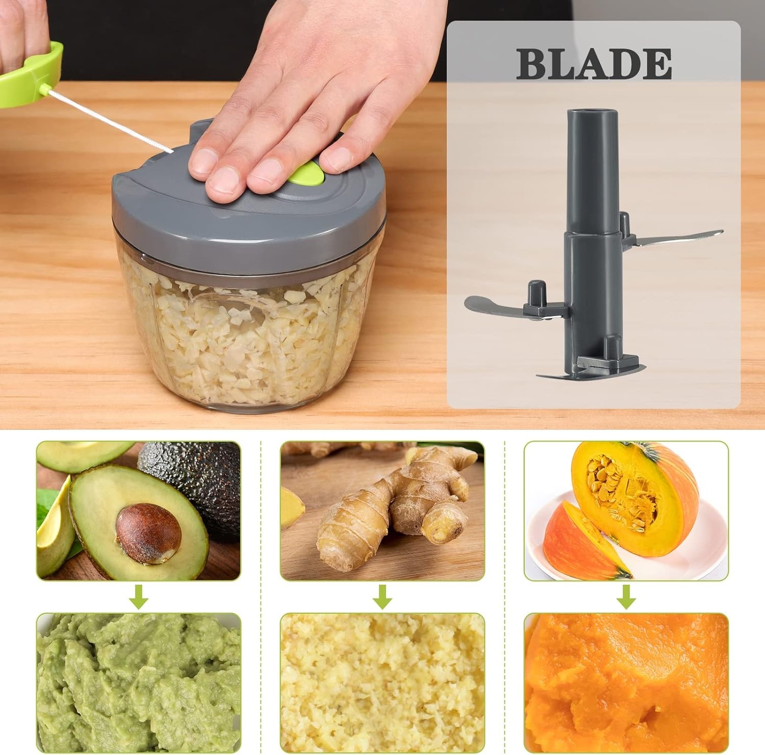 image:imageCambom Manual Food Chopper Vegetable Cutter Hand String Vegetable Chopper Onions Cutter for Vegetable Fruits Nuts BPA Free Food Safe Material 900ml GreyGray