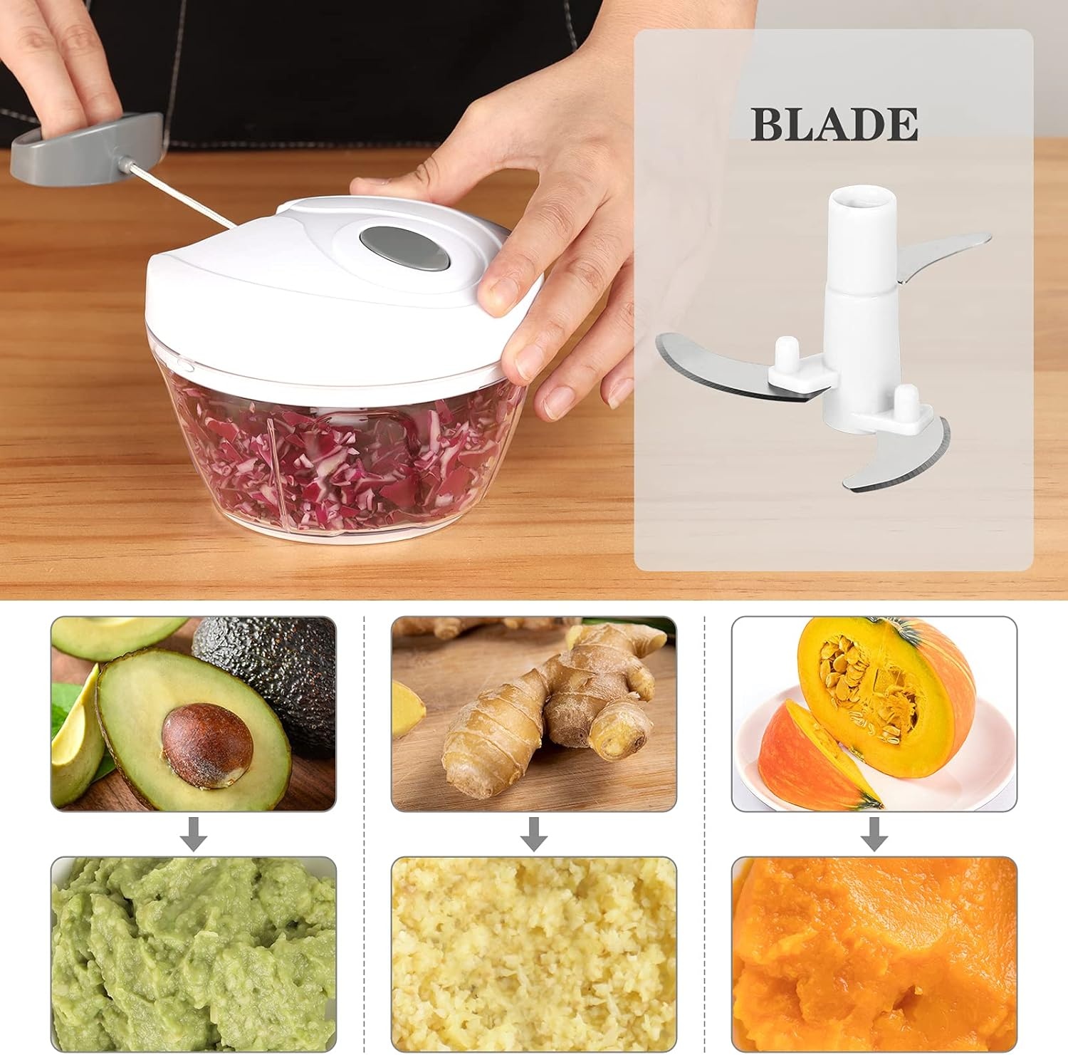 image:imageCambom Manual Food Chopper Vegetable Cutter Hand String Vegetable Chopper Onions Cutter for Vegetable Fruits Nuts BPA Free Food Safe Material 900ml GreyWhite