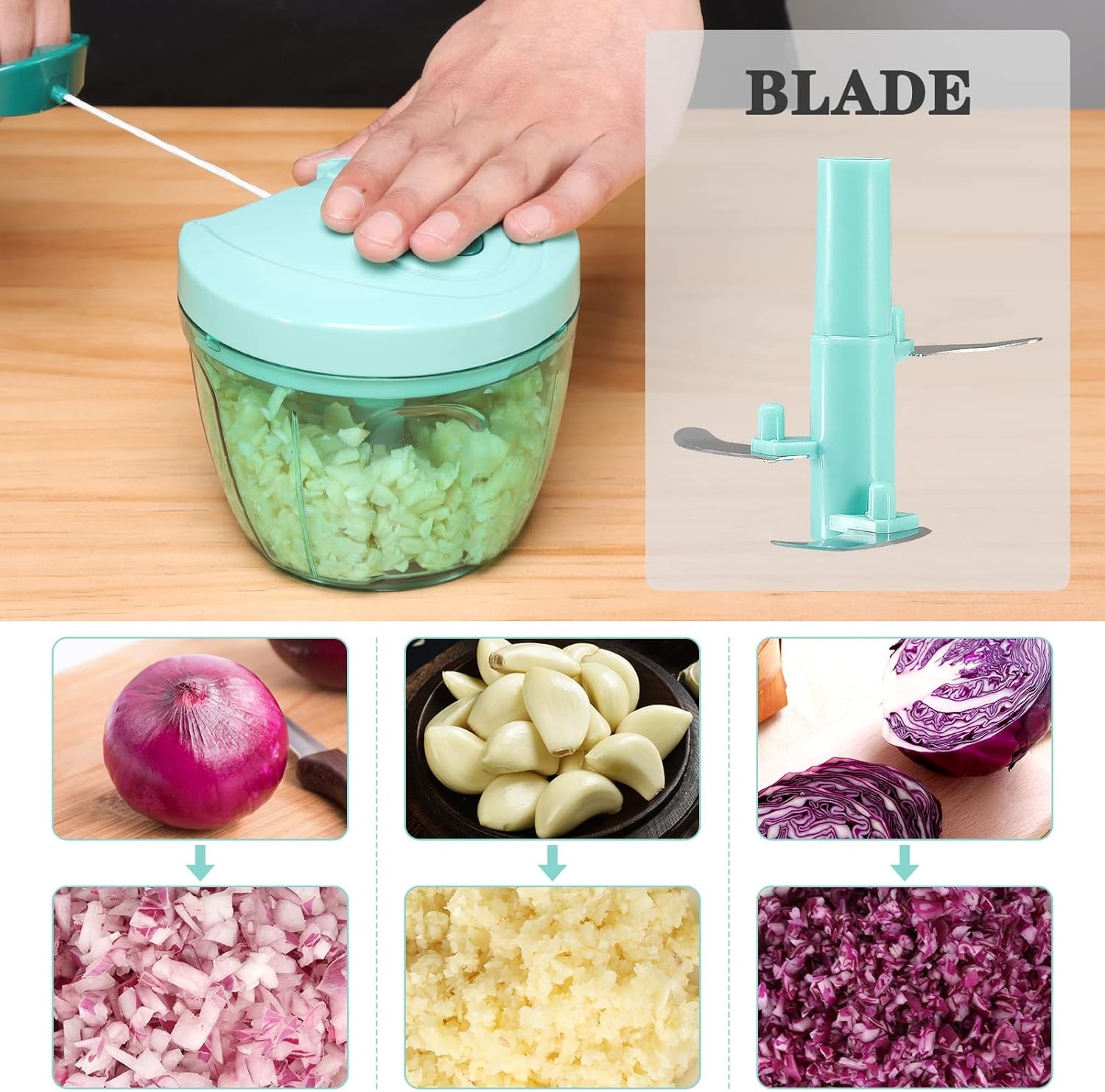 image:imageCambom Manual Food Chopper Vegetable Cutter Hand String Vegetable Chopper Onions Cutter for Vegetable Fruits Nuts BPA Free Food Safe Material 900ml GreyBlue