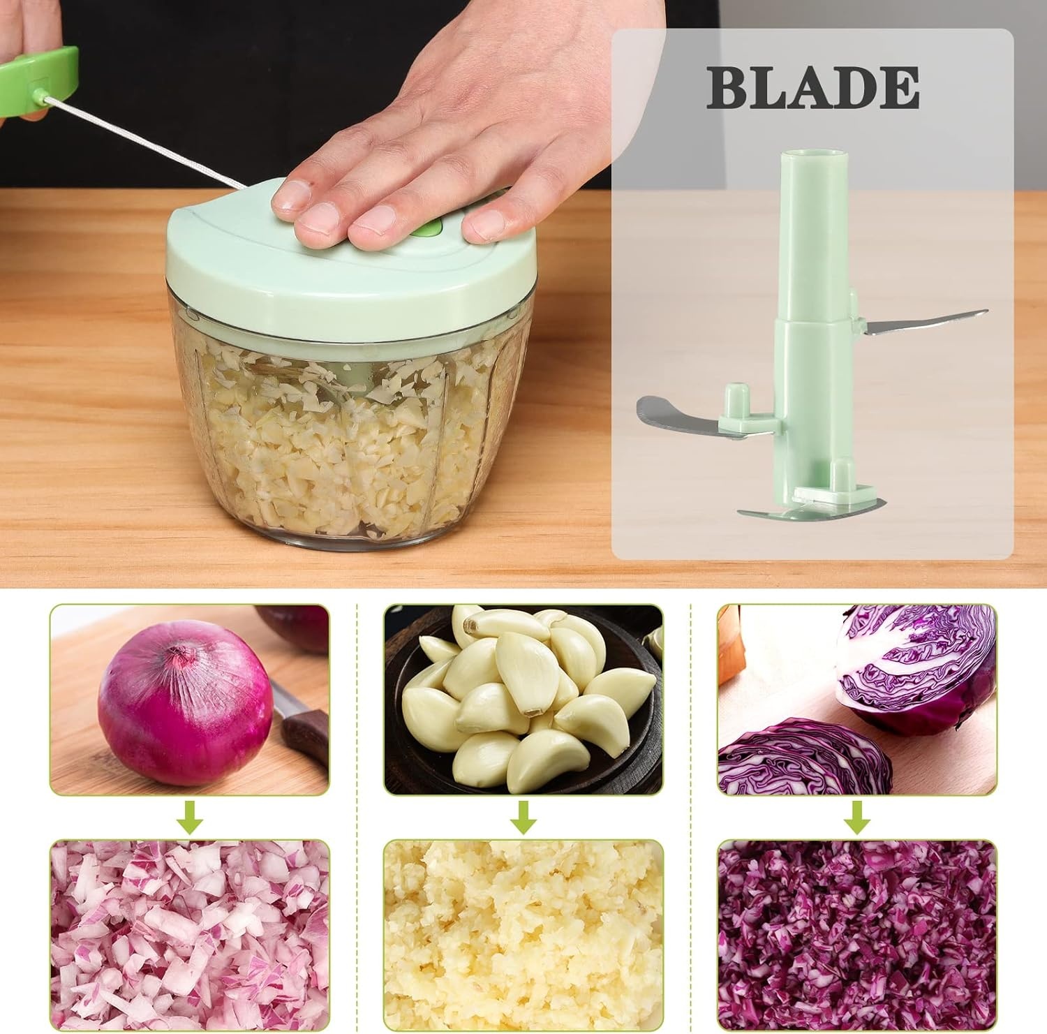 image:imageCambom Manual Food Chopper Vegetable Cutter Hand String Vegetable Chopper Onions Cutter for Vegetable Fruits Nuts BPA Free Food Safe Material 900ml GreyGreen