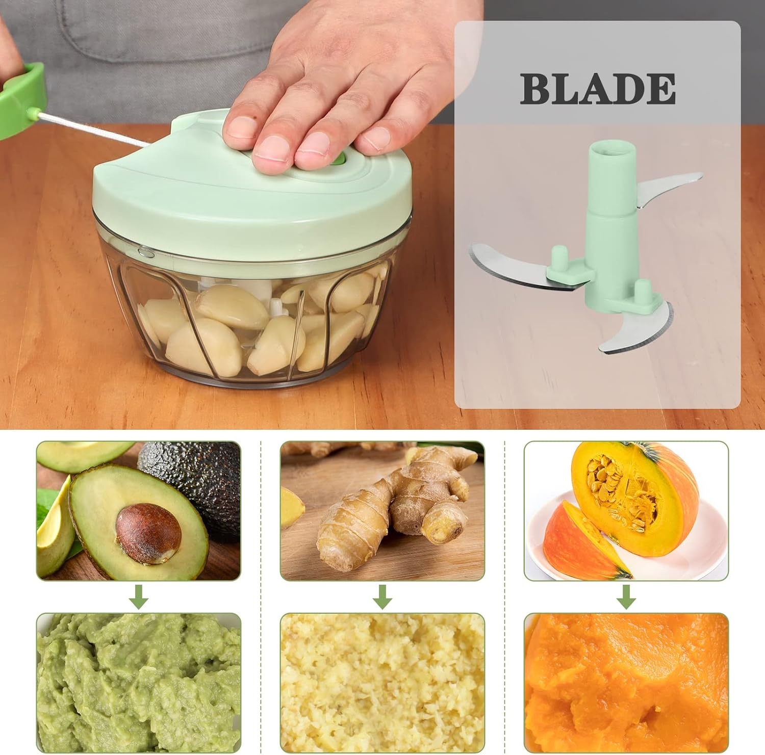 image:imageCambom Manual Food Chopper Vegetable Cutter Hand String Vegetable Chopper Onions Cutter for Vegetable Fruits Nuts BPA Free Food Safe Material 900ml GreyGreen