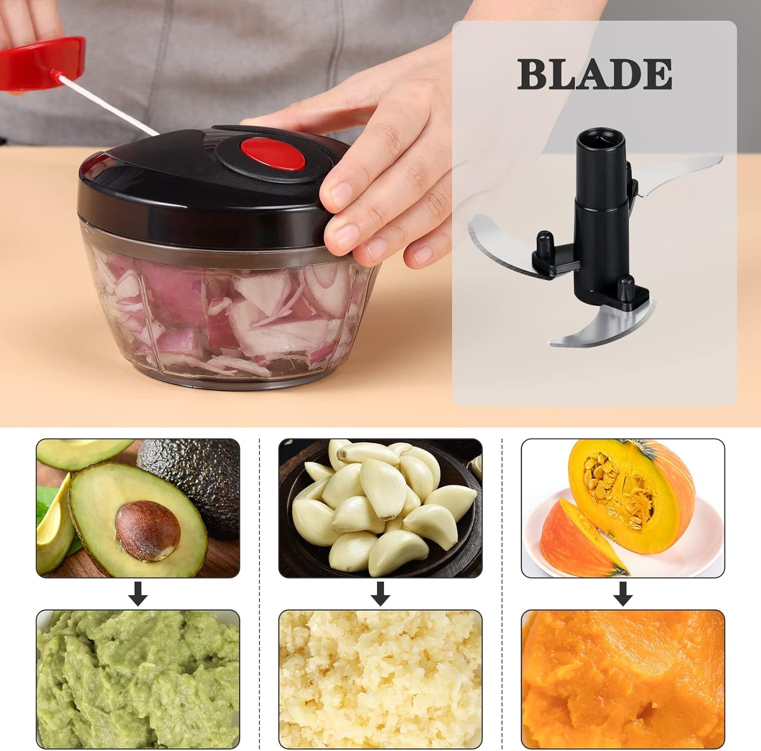 image:imageCambom Manual Food Chopper Vegetable Cutter Hand String Vegetable Chopper Onions Cutter for Vegetable Fruits Nuts BPA Free Food Safe Material 900ml GreyBlack