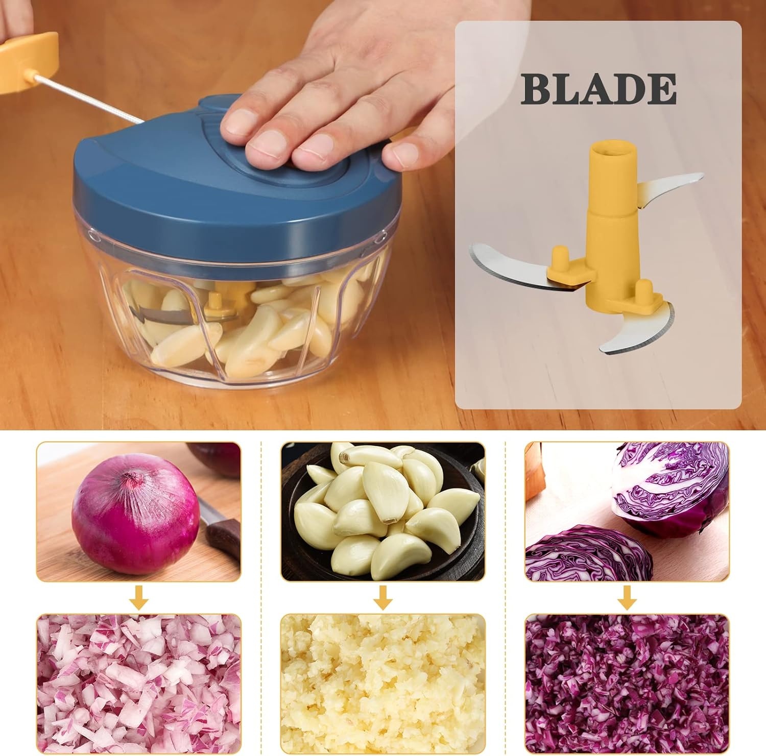 image:imageCambom Manual Food Chopper Vegetable Cutter Hand String Vegetable Chopper Onions Cutter for Vegetable Fruits Nuts BPA Free Food Safe Material 900ml GreyYellow