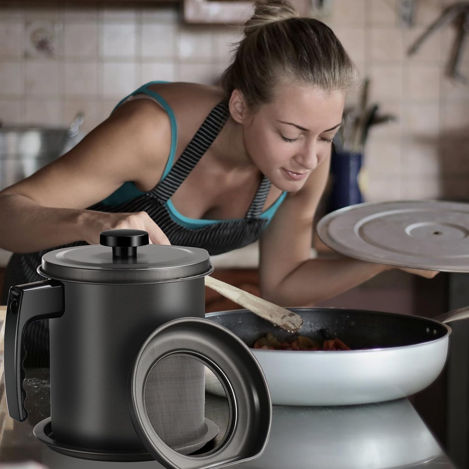 image:imageCambom Bacon Grease Container with Fine Mesh Strainer 16L almost 7 Full Cups Iron Cooking Oil Can with Removable a Coaster Tray for Kitchen Fat Storage BlackBlack