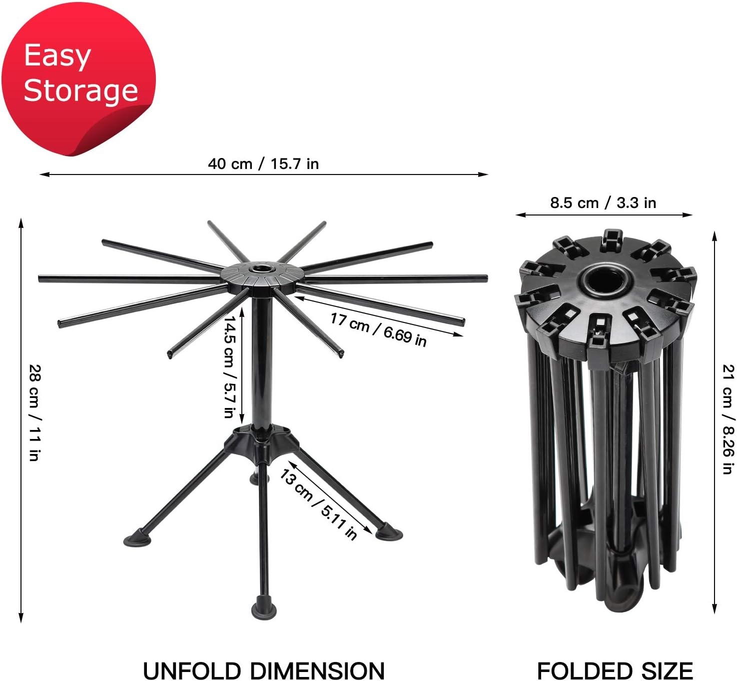 image:imageCambom Foldable Pasta Drying Rack Plastic Spaghetti Noodle Dryer with 10 Bar Handles BlackBlack