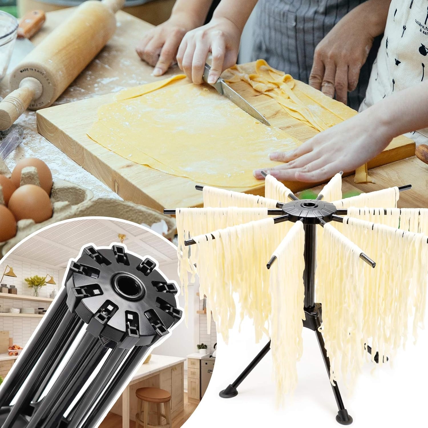 image:imageCambom Foldable Pasta Drying Rack Plastic Spaghetti Noodle Dryer with 10 Bar Handles BlackBlack