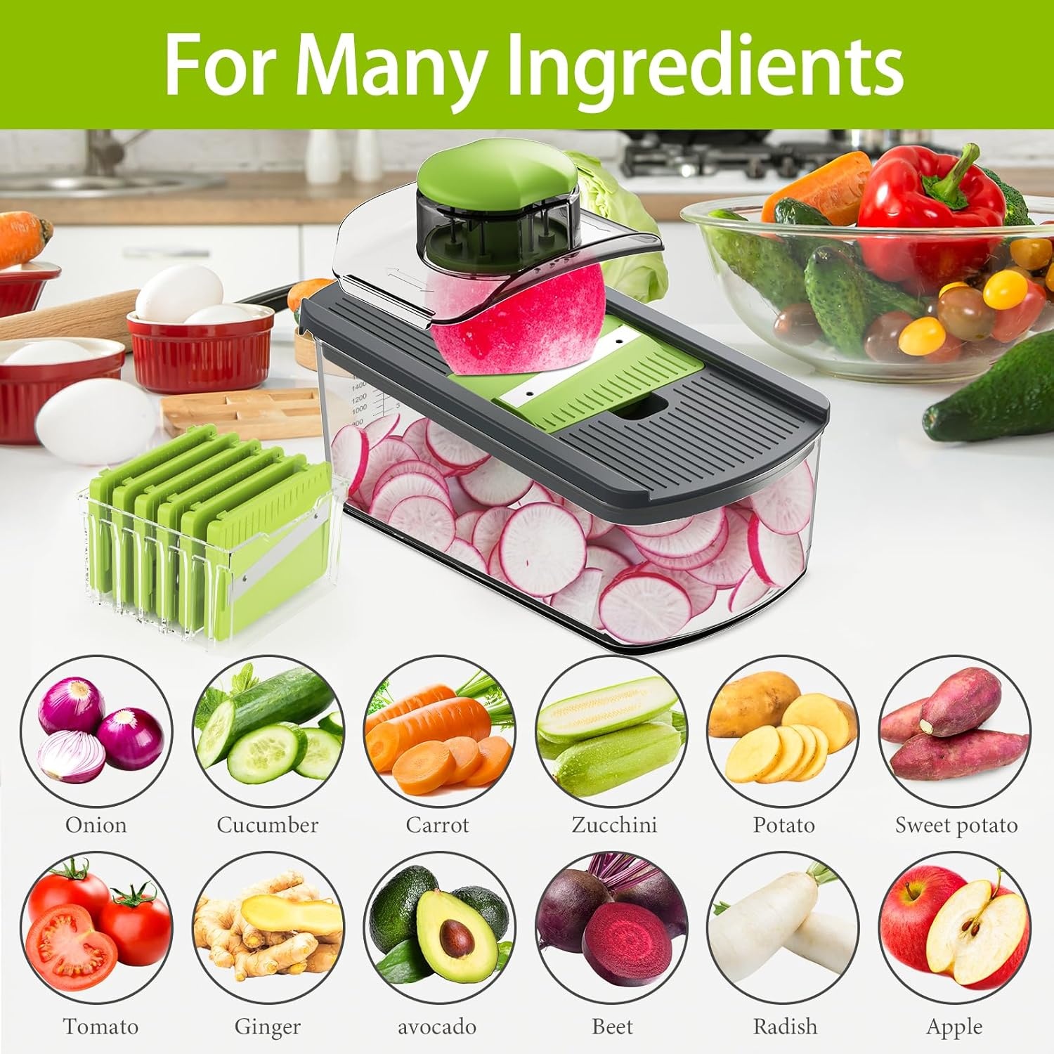 image:imageCambom Mandoline Slicer Vegetable Slicer With 2 L Container for Potatoes Tomatoes Cucumbers Carrots With 10 Blades White