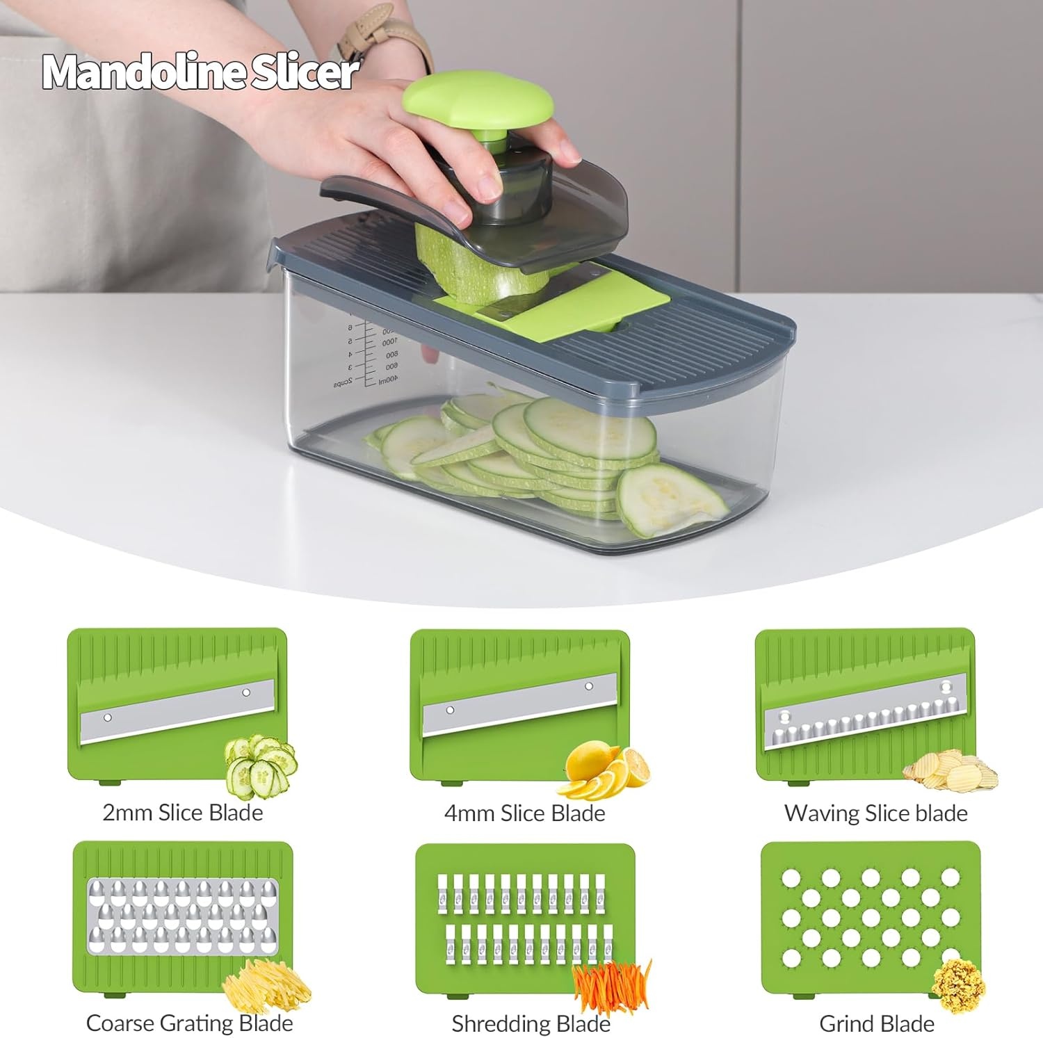 image:imageCambom Mandoline Slicer Vegetable Slicer With 2 L Container for Potatoes Tomatoes Cucumbers Carrots With 10 Blades White