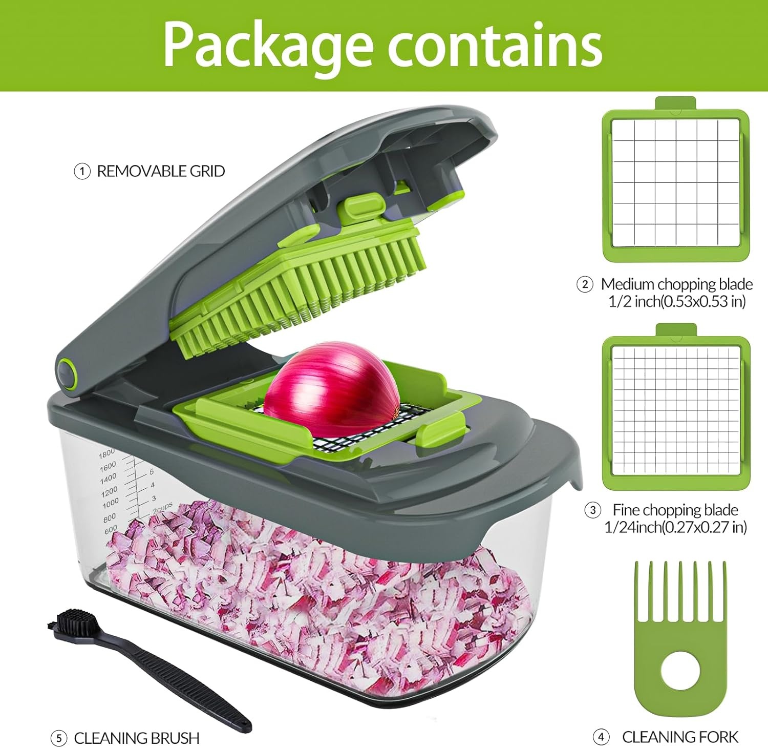image:imageCambom Vegetable Chopper With Container Multifunctional Food Chopper Onion amp Vegetable Cutter Dicer With 8 Blades Carrot amp Veggie Slicer 2 Blades Grey