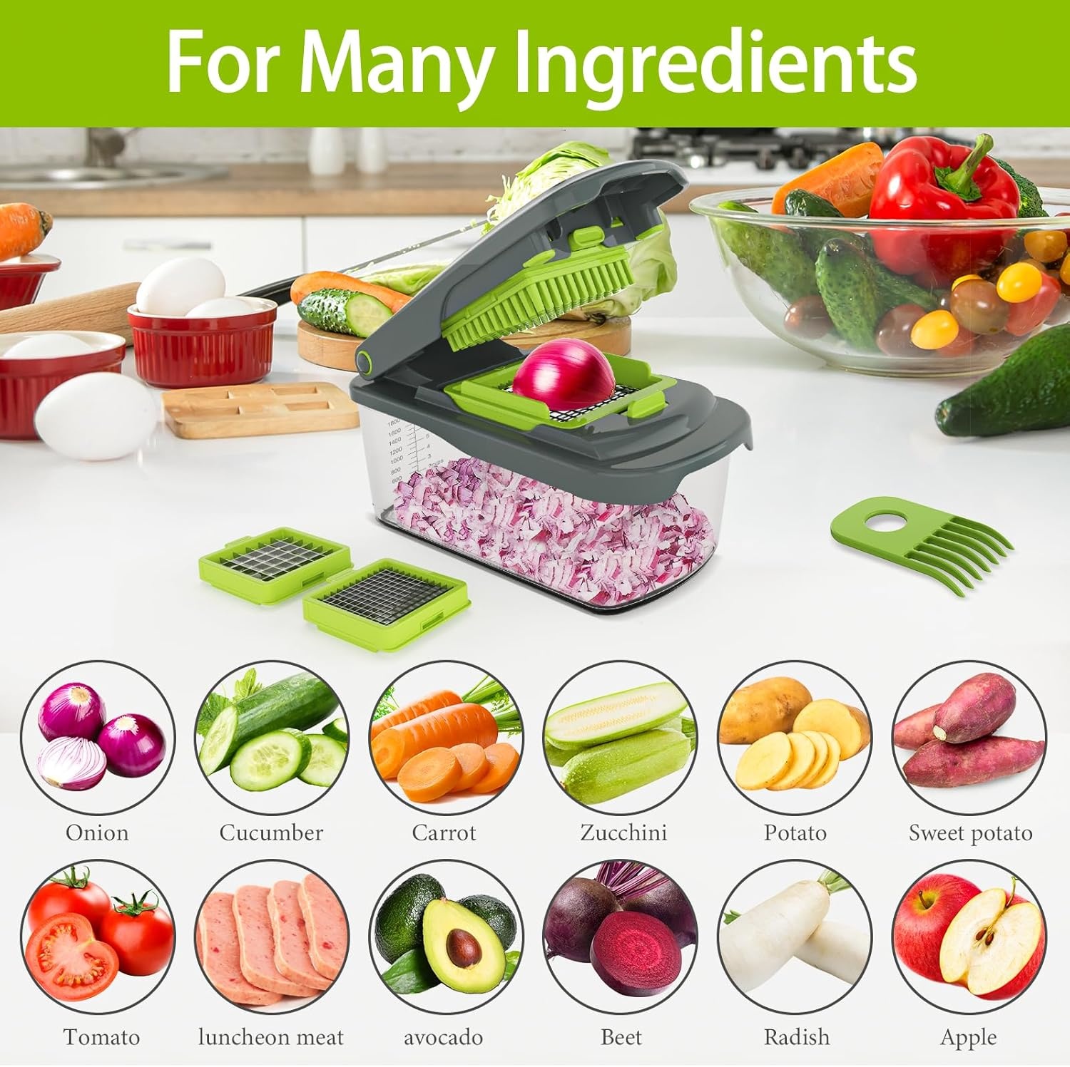 image:imageCambom Vegetable Chopper With Container Multifunctional Food Chopper Onion amp Vegetable Cutter Dicer With 8 Blades Carrot amp Veggie Slicer 2 Blades Grey