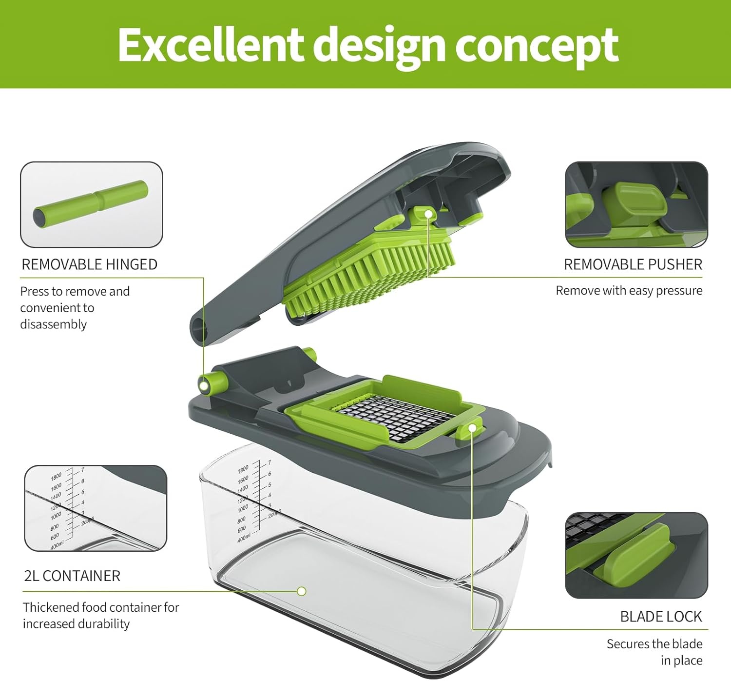 image:imageCambom Vegetable Chopper With Container Multifunctional Food Chopper Onion amp Vegetable Cutter Dicer With 8 Blades Carrot amp Veggie Slicer 2 Blades Grey