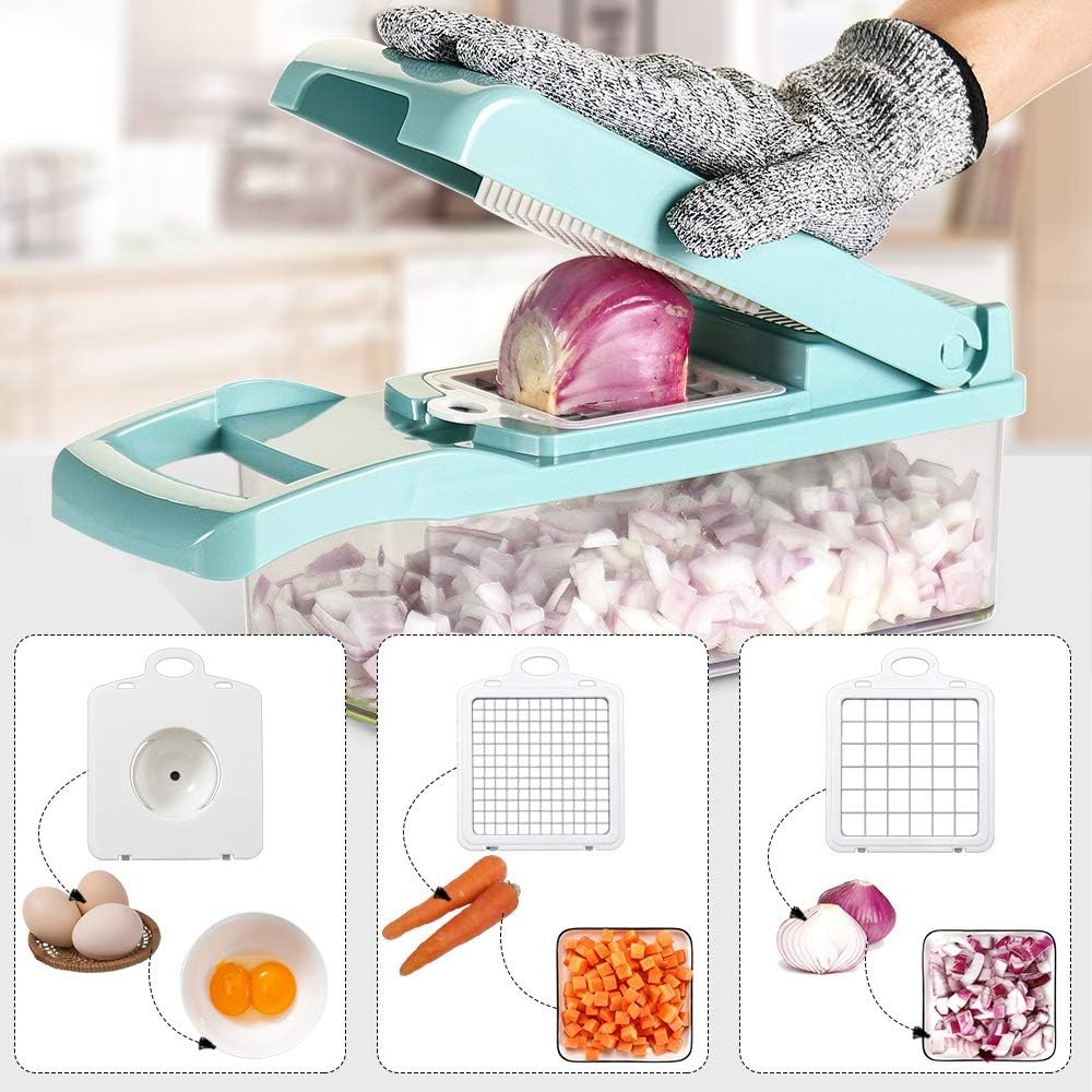 image:imageVegetable Chopper Cambom Multifunctional Vegetable Cutter Onion Chopper Mandoline Slicer Dicer with Colander Basket and Container 8 Interchangeable Blades