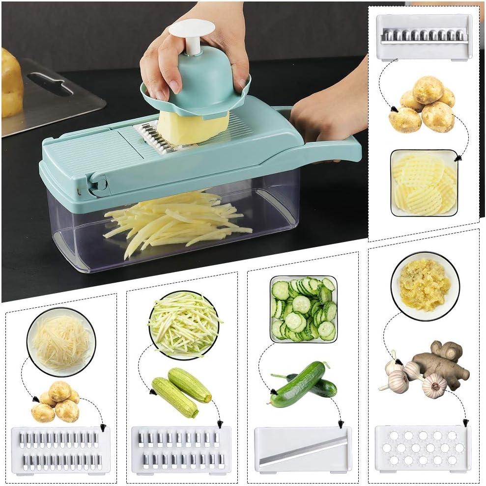 image:imageVegetable Chopper Cambom Multifunctional Vegetable Cutter Onion Chopper Mandoline Slicer Dicer with Colander Basket and Container 8 Interchangeable Blades