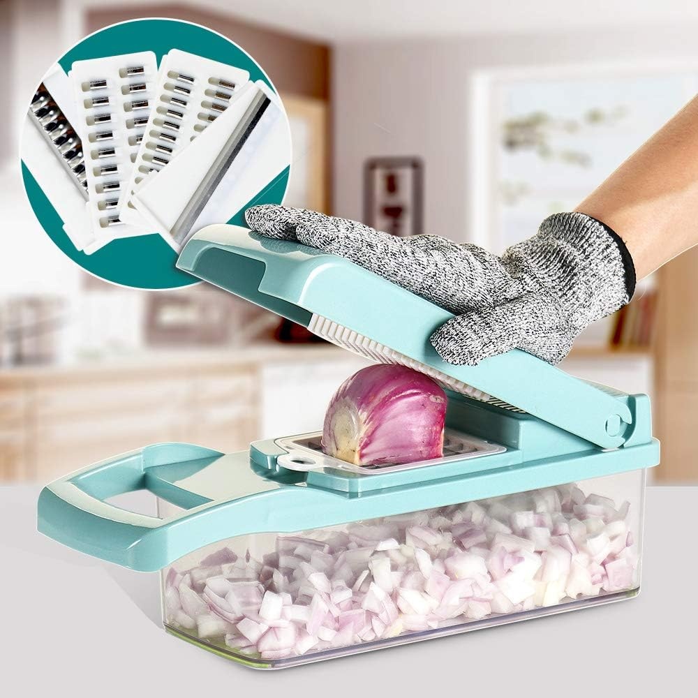 image:imageVegetable Chopper Cambom Multifunctional Vegetable Cutter Onion Chopper Mandoline Slicer Dicer with Colander Basket and Container 8 Interchangeable Blades