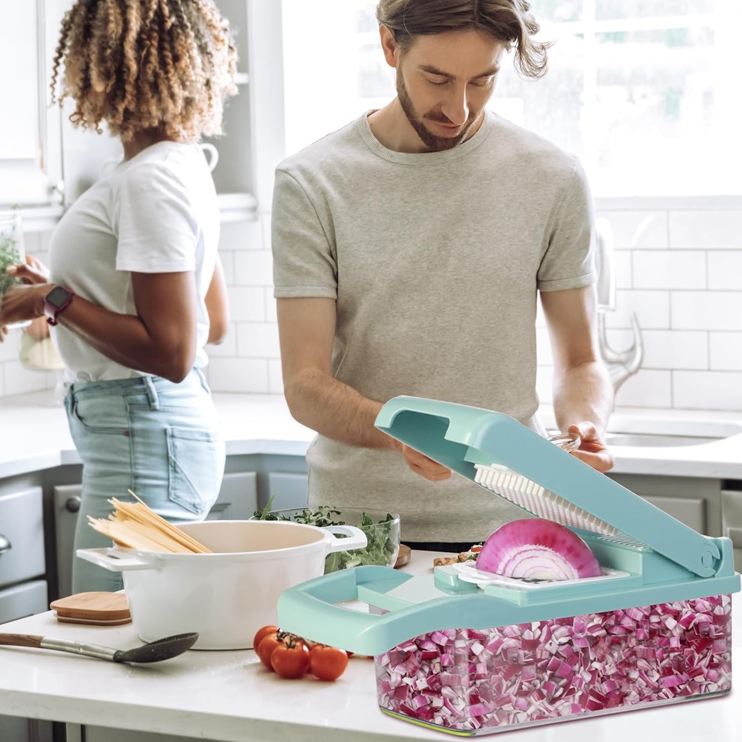 image:imageVegetable Chopper Cambom Multifunctional Vegetable Cutter Onion Chopper Mandoline Slicer Dicer with Colander Basket and Container 8 Interchangeable Blades
