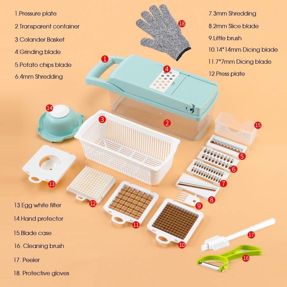 image:imageVegetable Chopper Cambom Multifunctional Vegetable Cutter Onion Chopper Mandoline Slicer Dicer with Colander Basket and Container 8 Interchangeable Blades