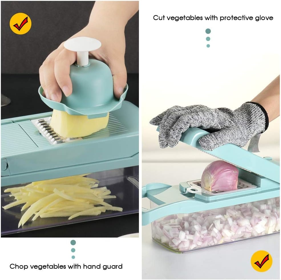 image:imageVegetable Chopper Cambom Multifunctional Vegetable Cutter Onion Chopper Mandoline Slicer Dicer with Colander Basket and Container 8 Interchangeable Blades