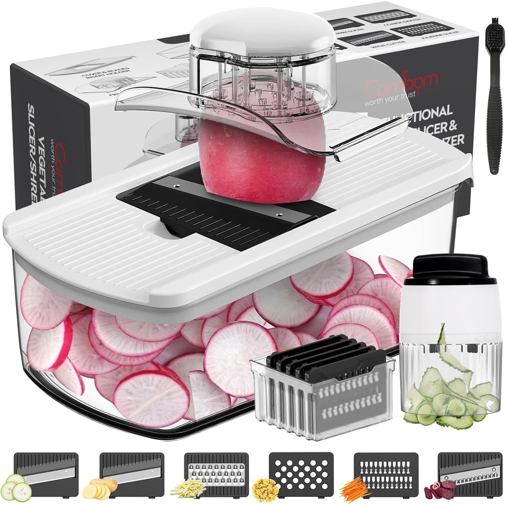 image:imageCambom Mandoline Slicer Vegetable Slicer Spiralizer With 2 L Container for Potatoes Tomatoes Cucumbers Carrots With 6 Blades White