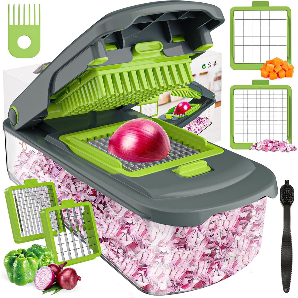 image:imageCambom Vegetable Chopper With Container Multifunctional Food Chopper Onion amp Vegetable Cutter Dicer With 8 Blades Carrot amp Veggie Slicer 2 Blades Grey