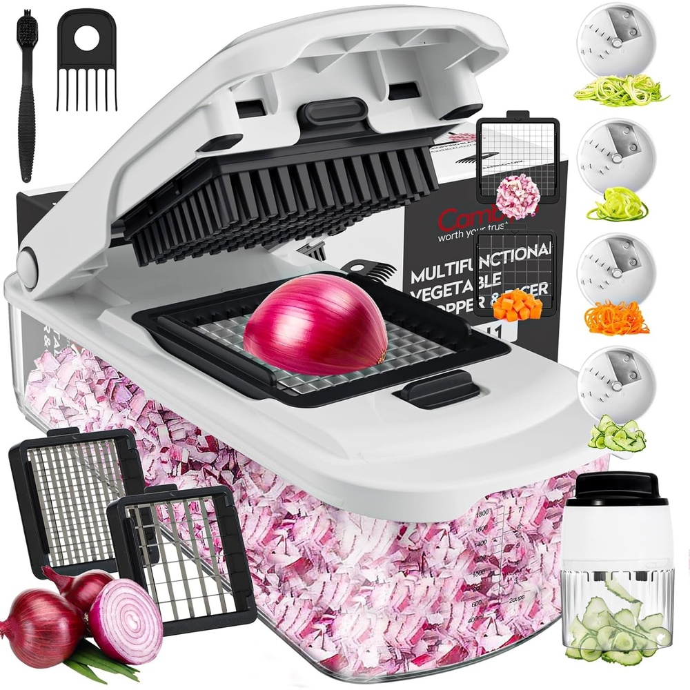 image:imageCambom Vegetable Chopper With Container Multifunctional Food Chopper Onion amp Vegetable Cutter Dicer With 8 Blades Carrot amp Veggie Slicer Spiralizer 6 Blades