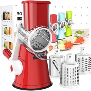 image:imageCambom Rotary Cheese Grater Hand Crank Cheese Shredder for Fresh Cheese Vegetable NutsNonslip Suction BaseThree BladesDark BlueRed