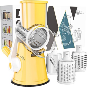 image:imageCambom Rotary Cheese Grater Hand Crank Cheese Shredder for Fresh Cheese Vegetable NutsNonslip Suction BaseThree BladesDark BlueYellow